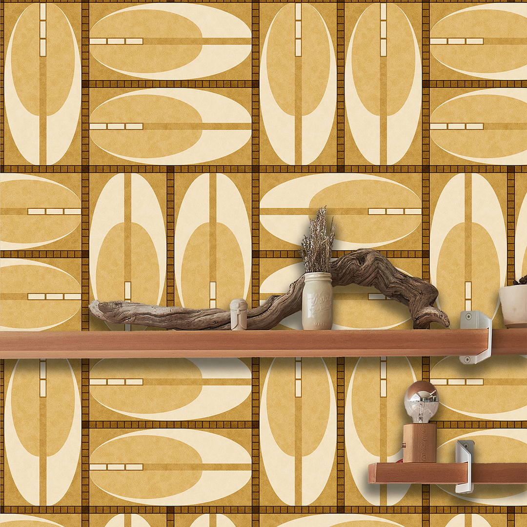 The artwork features a repeating geometric pattern of symmetrical shapes resembling elongated, curved diamonds or petals in various shades of blue and green. Each shape is split vertically with one half filled with a light blue and the other half filled with green or darker blue. The background is a light, almost pastel blue, which provides a soft yet vibrant backdrop. One of the blue shapes near the upper left contains a white starburst element, adding a focal point of brightness to the composition. The overall design conveys a modern, mid-century aesthetic with clean lines and harmonious color contrasts.